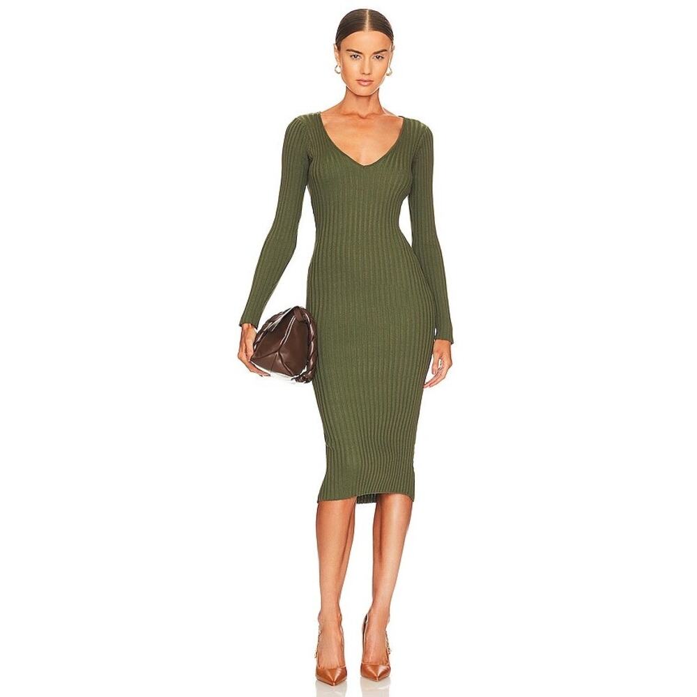 Revolve NBD Bekah Green Ribbed Midi Dress Size Small Bodycon Stretch Knit - Picture 2 of 12